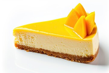 Poster - Studio shot of mango cheesecake on white background