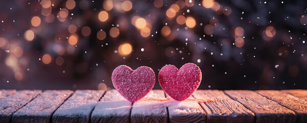 Poster - A Wooden Plank with Two Hearts (or love symbols) Sitting in the Snow