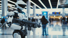 Futuristic Armed Airport Security Robot Standing On Guard In Terminal