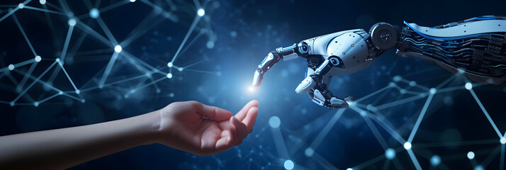 AI, Machine learning, Hands of robot and human touching on big data network connection, Data exchange, deep learning, Science and artificial intelligence technology, innovation of future