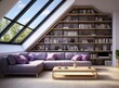 © wiwid - a modern living room with a large window, a gray sofa, a wooden coffee table, and a bookshelf. The room is decorated with purple pillows