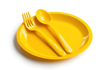 Sticker - Yellow plastic plate spoon and fork isolated on white with a clipping path