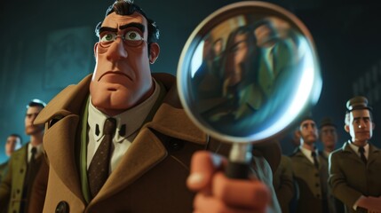 Wall Mural - A magnifying gl with his arm around a magnifying gl dressed in a trench coat giving a dramatic briefing to the rest of the team.