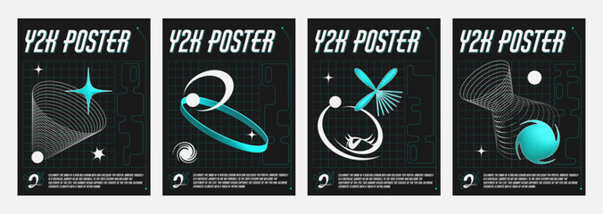 Wall Mural - y2k banners set with geometric signs. vector realistic illustration of retrowave aesthetic posters, 