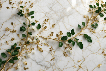 Wall Mural - Green and gold leaves branch on the white marble wall