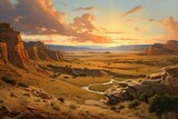 Fototapeta  - Beautiful painting depicts a wild west prairies canyon with stunning landscape. Generative AI
