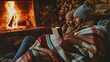 Cozy and charming snapshot of a couple sharing a blanket and reading love letters by the fireplace, Valentine's Day, fireside letters, hd, cozy with copy space