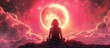 A young woman's soul gazes into the horizon, meditating under a pink sun, symbolizing healing, wellness, and resilience.