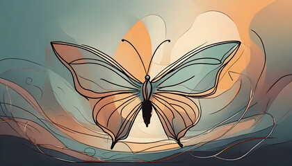 Wall Mural - Butterfly in One continuous line drawing. Beautiful flying moth for wellbeing beauty or spa . Generative AI.