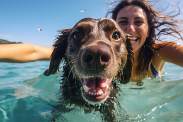 Young woman, selfie with smiling dog, swimming in the sea, summer activity