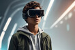 A teenager wearing a VR headset and enjoying modern technology