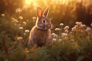 Rabbit on the grass in the morning.