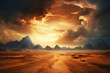 Landscape view of mountain dusty road going far away nowhere in desert. Dry road, bad weather, orange sky with overcast clouds. Realistic clipart template pattern.