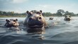 Group of hippos in the lake