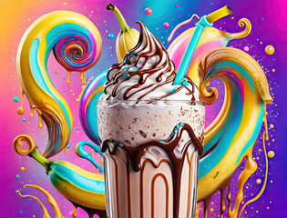 Wall Mural - Pop Art Banana Milkshake - Photorealistic Illustration with Dripping Caramel and Chocolate Swirls, Ethereal Galaxy Art, and Psychedelic Neon Colors Gen AI