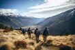 © Tanu - group of friends hiking in mountains, A group of friends hiking in the mountains at sunset Ai generated