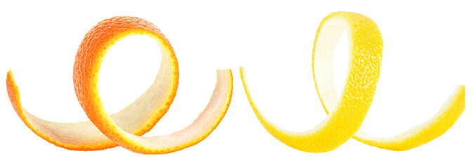 Canvas Print - Fresh peel of lemon and orange fruit isolated on a white background. Citrus zest spiral.