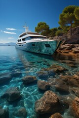 Wall Mural - Luxurious yacht anchored in the crystal-clear waters of the French Riviera, Generative AI