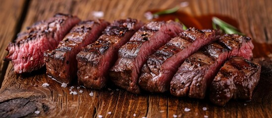 Sticker - Slices of grilled Prime Black Angus Chuck roll steak served on a wooden table.