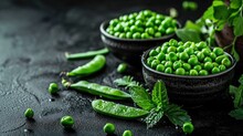Vibrant Green Peas In Bowls On A Sleek Black Backdrop, Ai Generated.