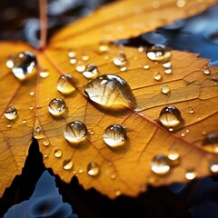 Glistening macro dew or raindrops enhance the allure of a yellow autumn leaf, Ai Generated.