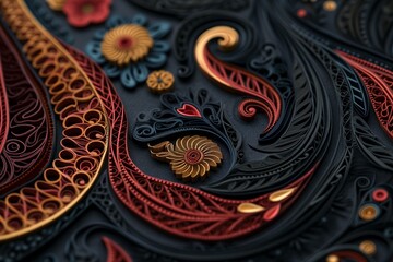 detail paisley quilling pattern, papercut, dark colors, flat lay