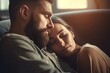 Relaxed couple cuddling on couch. Embracing cuddle love partners at home. Generate ai