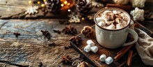 Hot Chocolate With Mini Marshmallows Cinnamon Winter Drink. Copy Space Image. Place For Adding Text Or Design
