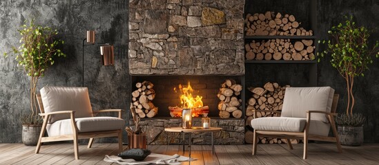 Aufkleber - Interior of living room in modern style with elements of stone Fireplace where burning fire and basket with firewood near Two armchair and little table around. Copy space image