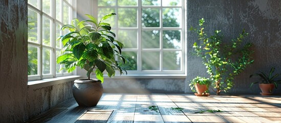 Aufkleber - Grey living room office monitor chair vase of green plant in front of the window garden view. Copy space image. Place for adding text or design