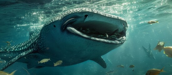 Wall Mural - Enormous whale shark feeding on nearby small fish.