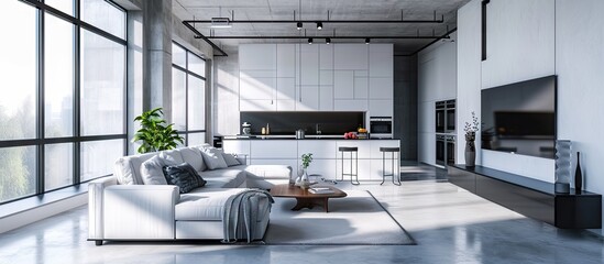 Wall Mural - Functional light modern flat with open kitchen and living room with sofa and big tv. Copy space image. Place for adding text or design