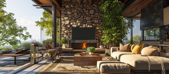 Aufkleber - Luxury outdoor relaxing living room with large stone fireplace TV rug and beige sofa. Copy space image. Place for adding text or design