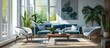 Living room with a large blue sofa a low square wooden table and white armchairs next to a window. Copy space image. Place for adding text or design