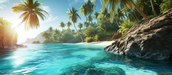 Poster - Palm trees over stunning lagoon and white sandy beach. Copy space image. Place for adding text or design