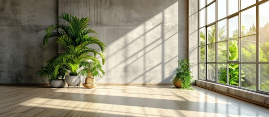 Aufkleber - Grey living room office monitor chair vase of green plant in front of the window garden view. Copy space image. Place for adding text or design