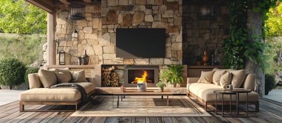 Aufkleber - Luxury outdoor relaxing living room with large stone fireplace TV rug and beige sofa. Copy space image. Place for adding text or design