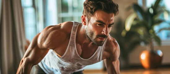 handsome muscular man in a t shirt and shorts doing functional exercises on floor at home. copy spac