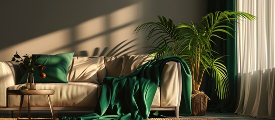 Aufkleber - Green plant in black pot next to beige couch with emerald green blanket. Copy space image. Place for adding text or design