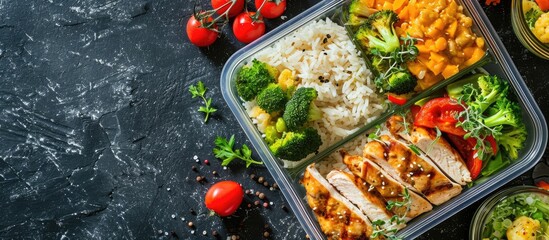 Healthy green meal prep containers with chicken fillet rice brussels sprouts and vegetables overhead shot with copy space Dinner in lunch box Top view Flat lay. Copy space image