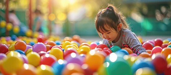 Wall Mural - Little girl on the playground with colored plastic balls. Copy space image. Place for adding text or design