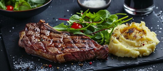 Canvas Print - Rare rib eye steak accompanied by caesar salad and mashed potato.