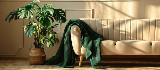 Aufkleber - Green plant in black pot next to beige couch with emerald green blanket. Copy space image. Place for adding text or design