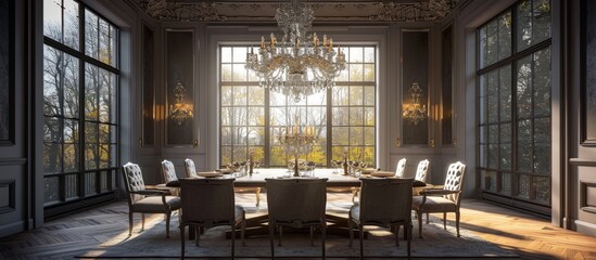 Aufkleber - Front view of stylish and light dining room with big windows and crystal chandelier in center of ceiling Luxury interior of big room with wooden table in center and armchairs around. Copy space image