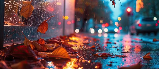 Poster - night city blurred neon light Autumn leaves fall rain drops on window glass rainy season in town. Copy space image. Place for adding text or design