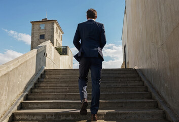 view from below of a businessman in a suit walking up some stairs, business concept