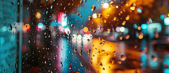Poster - night city blurred neon light Autumn leaves fall rain drops on window glass rainy season in town. Copy space image. Place for adding text or design