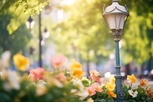 Lamp Post In A Park With Blooming Flowers