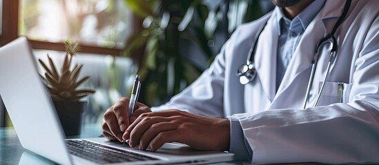 Male doctor hands typing on laptop computer keyboard with textbook and medical stethoscope on the desk at office Online medical medic tech emr ehr concept. Copy space image