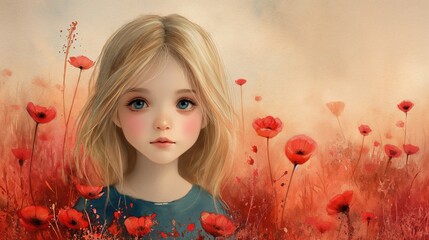 grungy texture illustration of cute girl walking in flower blossom field, Generative Ai